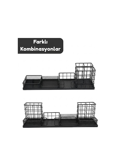 Temel Siyah Metal Mesh Modüler Masaüstü Organizer Seti 7 Parça 38x10 Cm 9515b