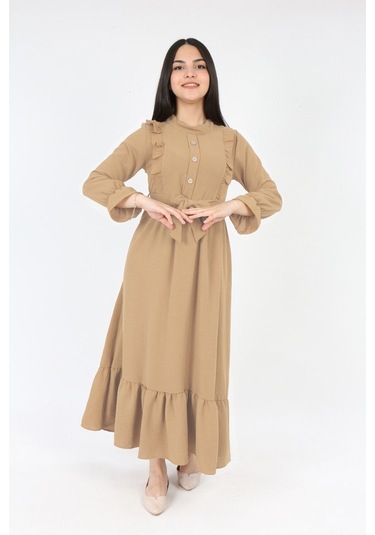 Kiz Cocuk Elbise Aerobin Keten Kumaş Tesettüre Uygun Uzun Boydan Cocuk Elbise Açık Bej