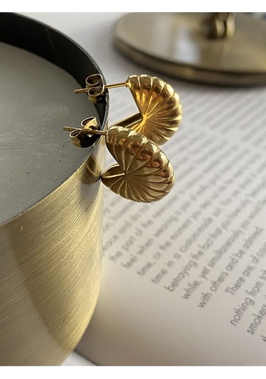 Deniz Kabuğu Halka Çelik Kararmaz Gold Kaplama Küpe Çifti Altın