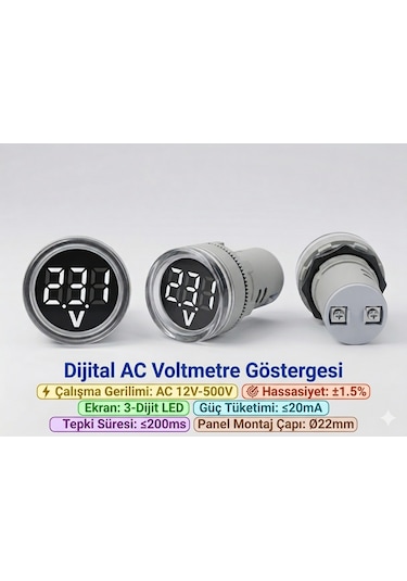 Dijital Voltmetre - Ac12-500v - 22 Mm - Beyaz