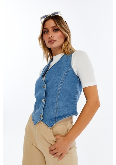 Kadın Denim Yelek Şık Düğmeli Jean Yelek, Günlük Ve Casual Kombin Açık Mavi