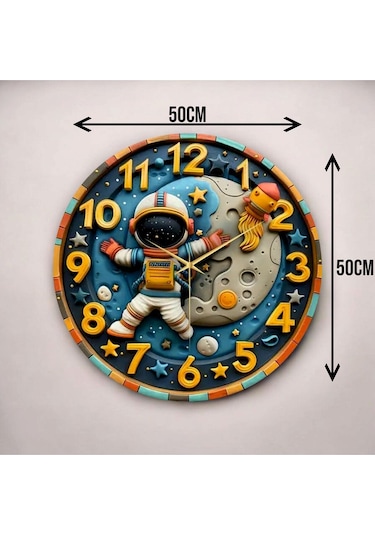 Renkli Baskı Astronot Uzay Çocuk Desenli Sayılı Hediyelik Ahşap Sessiz Duvar Saati 50cm ÇOk Renkli