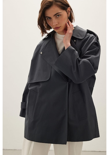 Manuka Oversize Kısa Trençkot Lacivert