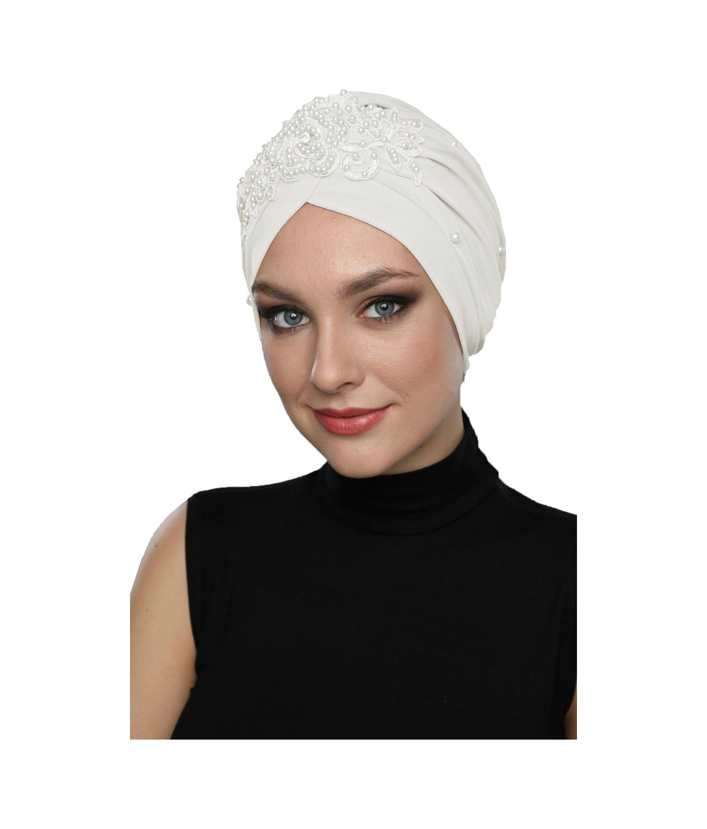 Kopma Astarlı Işlemeli Krem Gül Motifli Hazır Türban Tesettür Abiye Bone Krem Gül