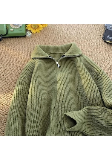 Novahub Kadın Erkek Y2k Balıkçı Yaka Kazak Örgü Tişörtü Ceket Fermuarlı Erkek Kore Kış Dış Kazaklar Erkek Bluz Yeşil - 2xl Yeşil