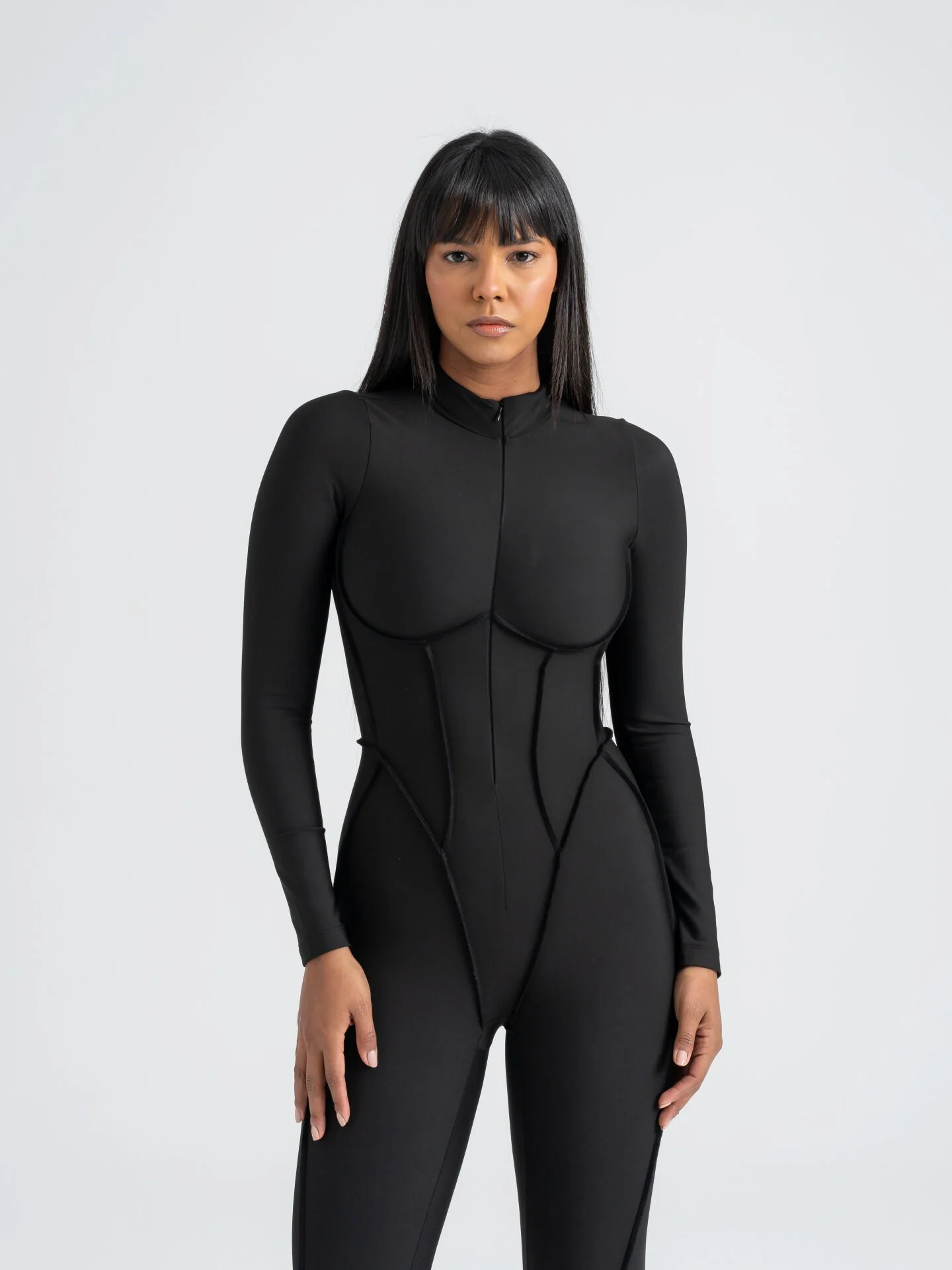 Dikişle Modellenmiş Spor Tayt Tulum Siyah