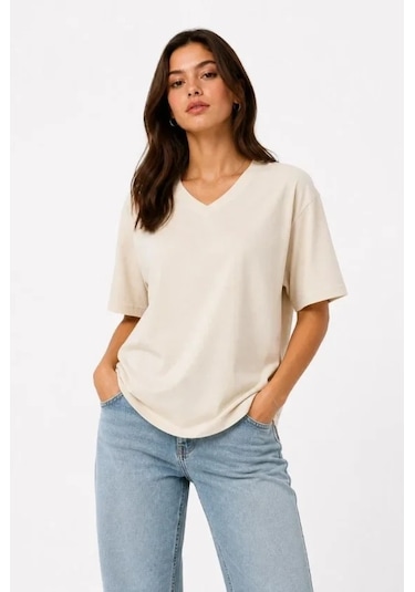 Defymoda V Yaka Basic Tişört Kısa Kol Yazlık Regular Fit T-shirt - Bej