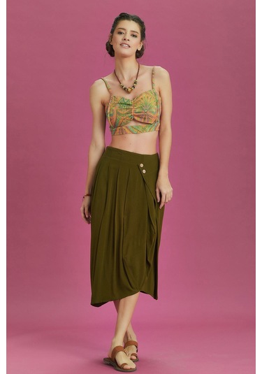 Rahat Kesim Geniş Pileli Haki Anvelop Midi Etek Haki