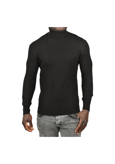 Deepsea Erkek Siyah Desenli Dar Kesim Tam Balıkçı Yaka Triko Boğazlı Kazak 2505510 Siyah