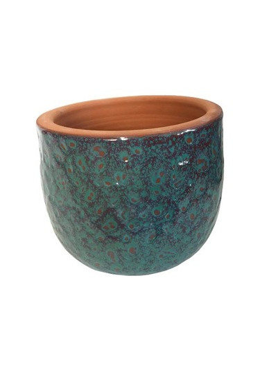 Özel Yapım Bordo Turkuaz Renk El Yapımı Toprak Saksı - 15 15 Cm