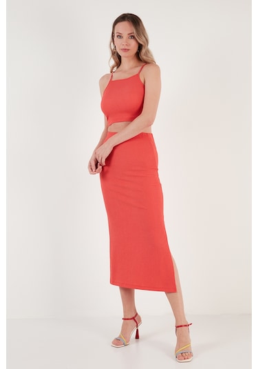 Lela Slim Fit Ip Askılı Yırtmaçlı Bayan Takım 5865278 Nar Çiçeği