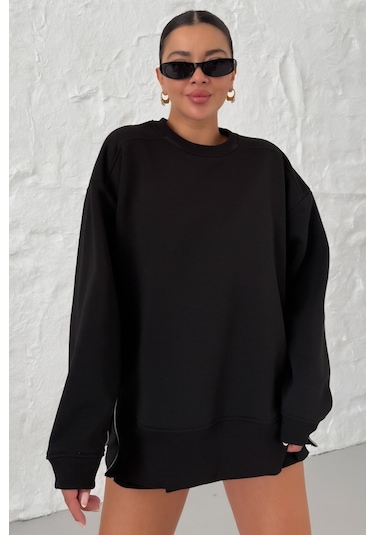 Kadın Siyah Bisiklet Yaka Yanı Yarım Fermuar Detaylı Sweatshirt Siyah