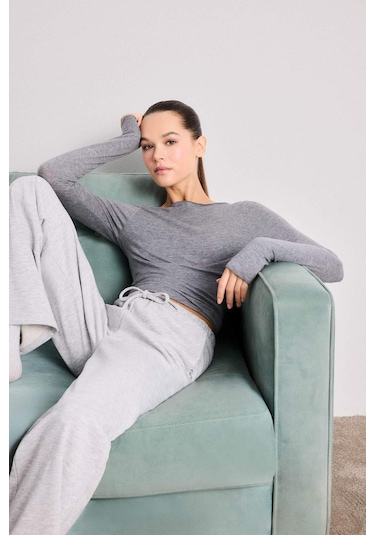 Defacto Modal Kaşmir Yumuşak Dokulu Kayık Yaka Uzun Kollu Üst-fall İn Love F2264ax25augr377 Gri