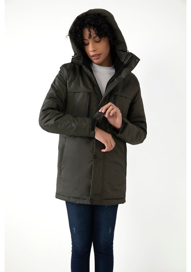 Kadın Haki Içi Polarlı Su Ve Rüzgar Geçirmez Kapüşonlu Kışlık Mont Kaban Parka Haki
