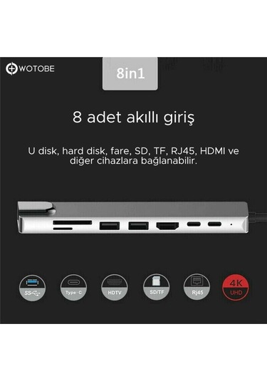 8'i 1 Arada 4k 60hz Usb Type C Sd Tf Hdtv Rj45 Dönüştürücü Hub
