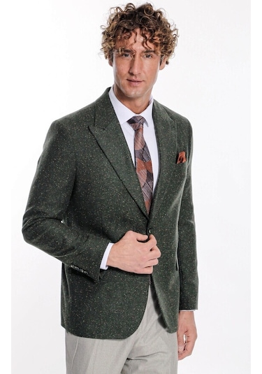 Kazayağı Desenli Yün Yeşil Erkek Ceket Taba