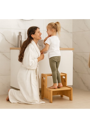 Momo Ahşap Basamak Tabure Çocuk Banyo Wc Lavabo Merdiven Yükseltici Eğitici Kaymaz Montessori Safir Meşe