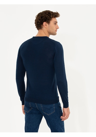 Cacharel Lacivert Slim Fit Bisiklet Yaka Basic Triko Kazak