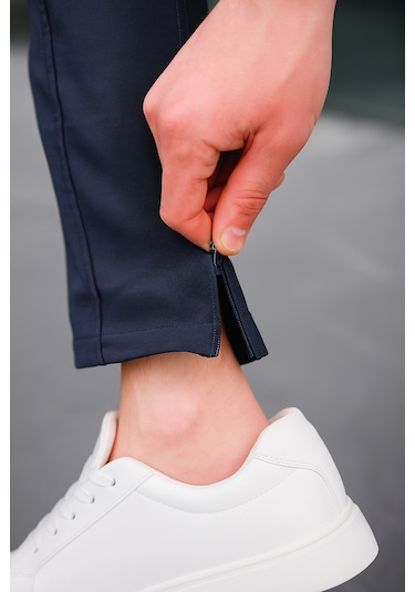 Erkek Lacivert Renk Esnek Likralı Fermuar Detaylı Jogger Pantolon-1804 Lacivert