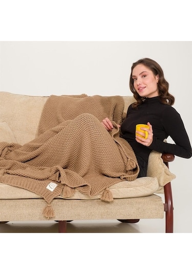 Coco Pirinç Örgü Ponponlu Triko Tv Battaniyesi Throw Koltuk Şalı (538861712)-130X170