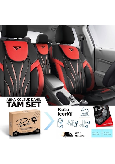 Panda Pars Serisi Deri Oto Koltuk Kılıfı - Kırmızı - Siyah