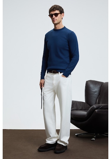 Grimelange VAREX Erkek Yuvarlak Yaka Basic Slim Fit Triko İndigo Kazak