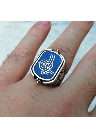 Fkgümüş Osmanlı Tuğrası İşlemeli Siyah Taşlı Çift Taraflı Erkek Yüzük