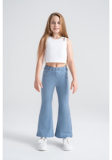 Kız Çocuk Taytı Pamuklu Esnek Mavi Denim Görünümlü Mavi