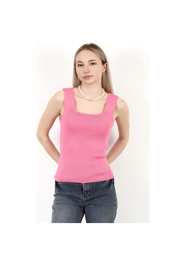 Giysa Kadın Kare Yaka Kalın Askılı Basic Triko Bluz Pembe - 2000