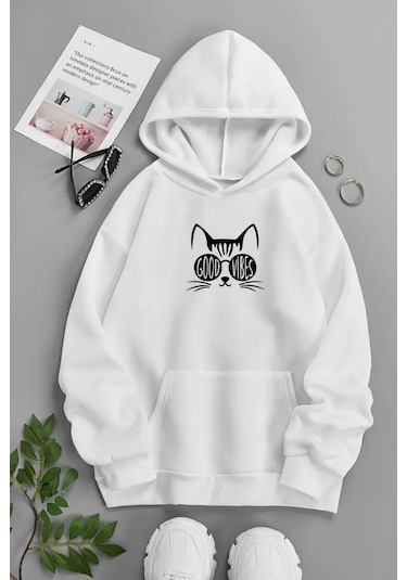 Unisex Beyaz Kapüşonlu Sweatshirt Good Vibes Kedi ,baskılı Şardonlu Kalın Kumaş Beyaz