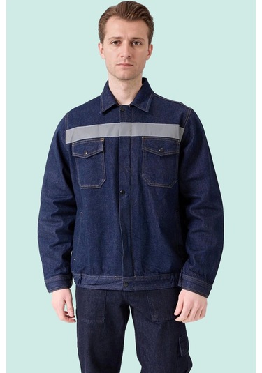 Erkek Denim Isg Mont Koyu Reflektör Detaylı Ce Tulipa Kot İş Güvenliği Reflektörlü Ceket Lacivert
