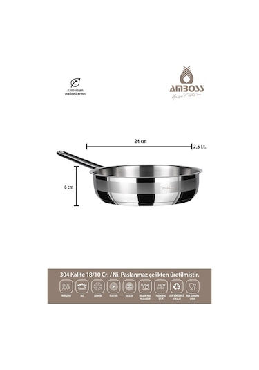 Lusigram 3 Parça Paslanmaz Çelik İndüksiyon Tabanlı Kapaksız Tava Seti
