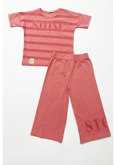 Kız Çocuk Eşofman Takımı Çizgili İspanyol Paça B17 Gülkurusu