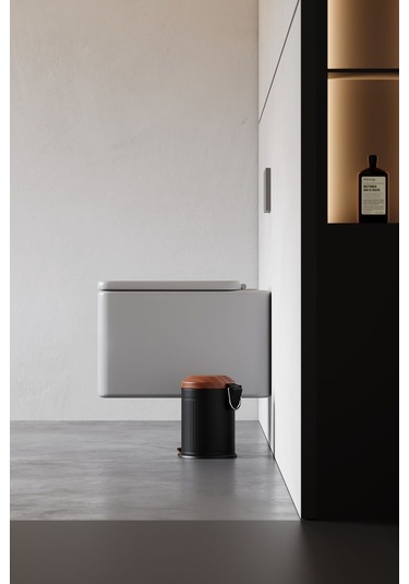 Zift Unique Mat Siyah Çöp Kovası- Vintage Model Ahşap Desenli 5lt Kovalı Çöp Kutusu, Amortisörlü Çöplük Siyah