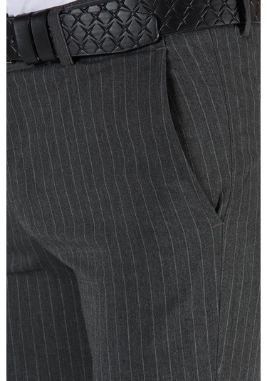 Füme Çizgili Slim Fit Pamuklu İtalyan Kesim Pantolon Koyu Gri