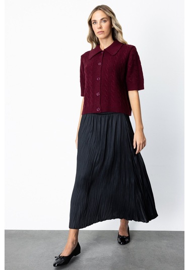 On Kadın Kırışık Görünümlü Midi Etek 64209 Siyah Siyah