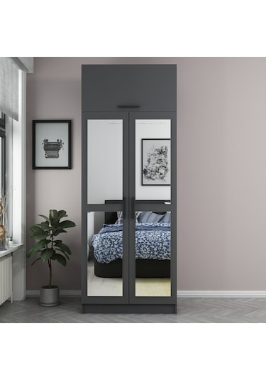 Minar Kale 2 Kapaklı 2 Aynalı Dolap Ve Yüklük Antrasit 255cm Antrasit