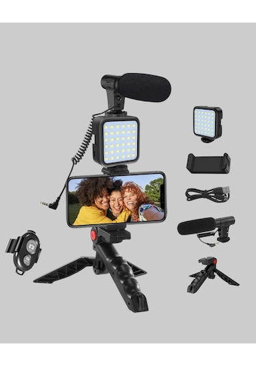Techmrt Profesyonel Vlog Çekim Kiti Led Işıklı Tripod Mikrofonlu Telefon Seti Çok Renkli