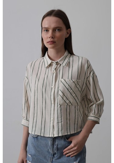 Çizgili Kısa Gömlek - Bej-yeşil Karışık