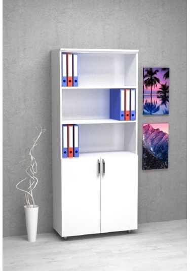 Kobiç Ofis Dosya Dolabı Kilitli Yarım Kapak Suntalam Dolap 80x35x185 Cm Beyaz Beyaz