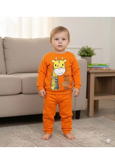 Kız Bebek Zürafa Baskılı Çıt Çıtlı Alt Üst İkili Gündelik Takım 6-18 Ay Turuncu