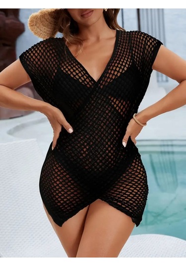 Kadın Kruvaze Detay Ajurlu Triko Pareo Siyah