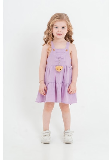 Kız Bebek Çocuk Lila Ayıcık Aksesuarlı Elbise-1161 Lila