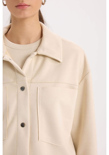 DeFacto Crop Çıtçıtlı Cepli Süet Gömlek Ceket B2983AX24WNBG74 Bej