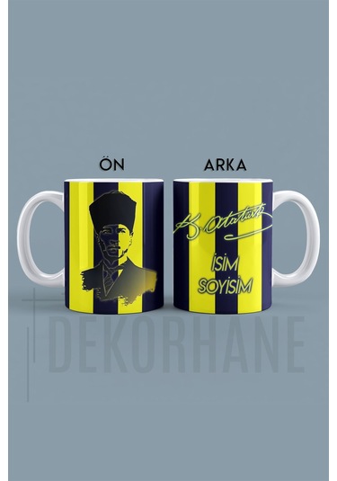 Kişiye Özel Atatürk İmzalı Sarı Lacivert Kupa Bardak, Hediyelik Çok Renkli