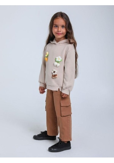 Kız Çocuk Çiçek Örgü Detaylı Kapüşonlu Sweatshirt-14306 Bej