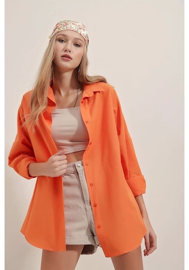 Defymoda 3900 Oversize Uzun Basic Gömlek - Turuncu Turuncu