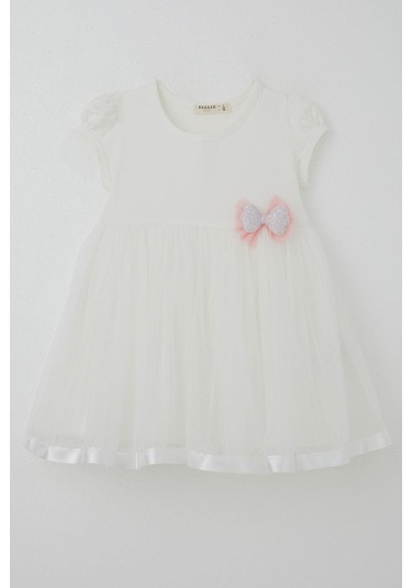 Breeze Kız Çocuk Elbise Tüllü Simli Fiyonk Aksesuarlı 2-6 Yaş, Ekru Ekru