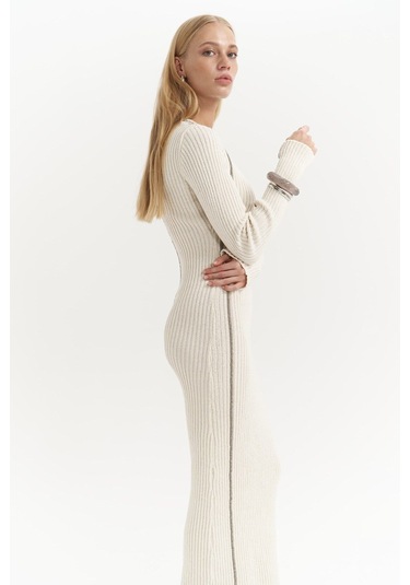 Aston Çizgi Detay Bej Triko Elbise Bej