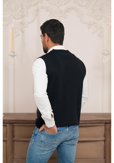 Woolen World Regular Fit Ön Cepli Desenli Kolsuz Erkek Triko Yelek Lacivert